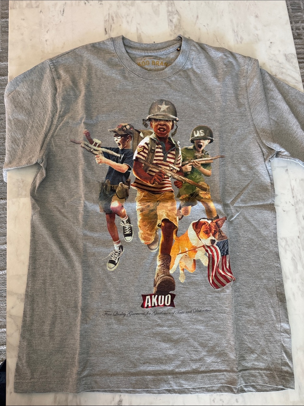 Akoo Gray Short Sleeve Graphic Tee with Multi-Color Vintage Kids Print
